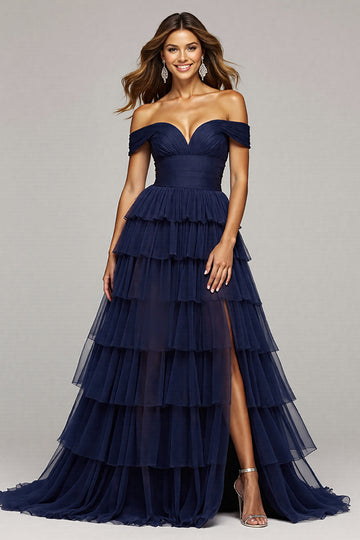 Navy Off The Shoulder Tiered Long Prom Dress With Slit